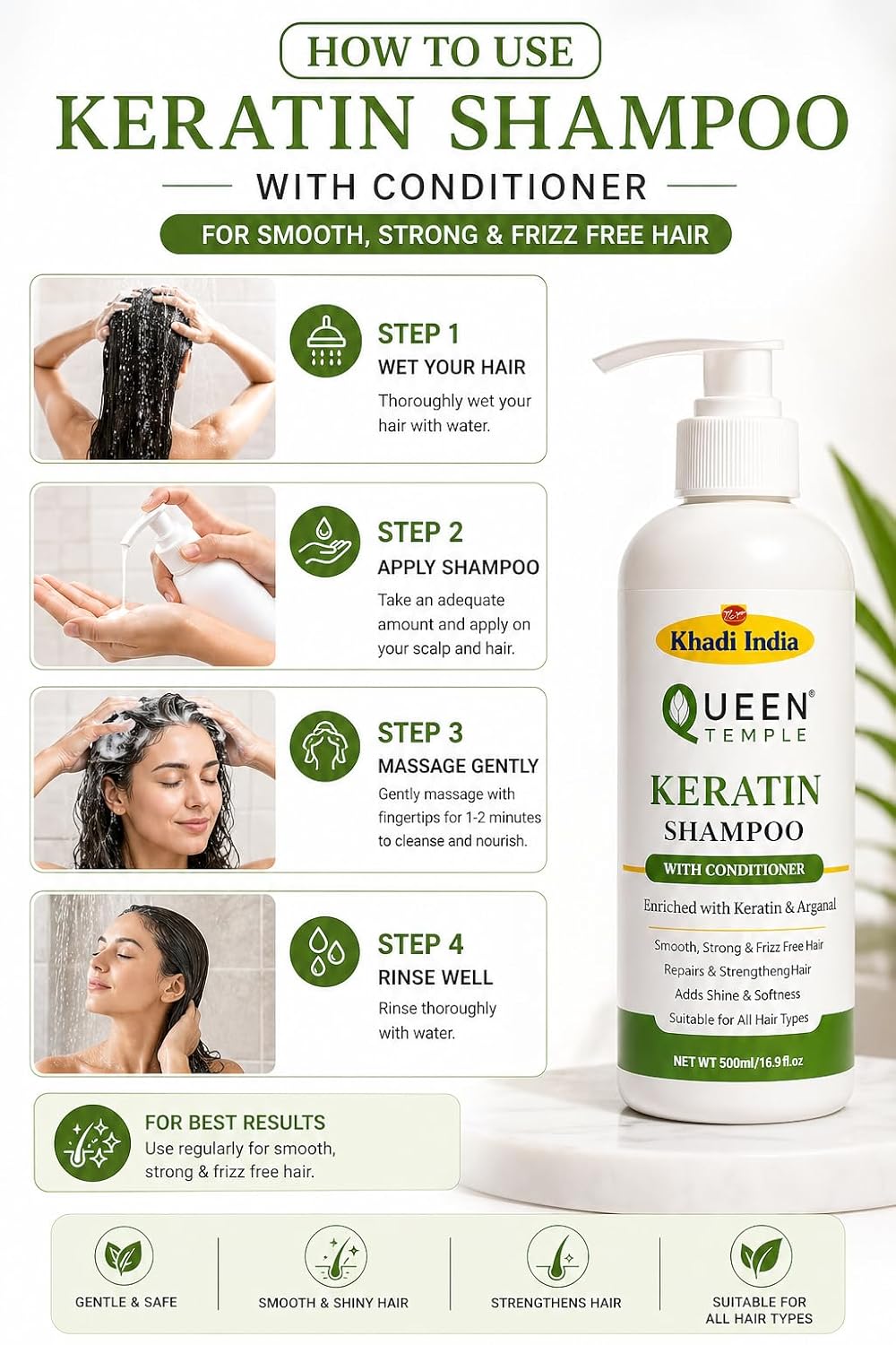 Khadi India Keratin Shampoo with Conditioner, All Hair Types, 500ml - Image 2