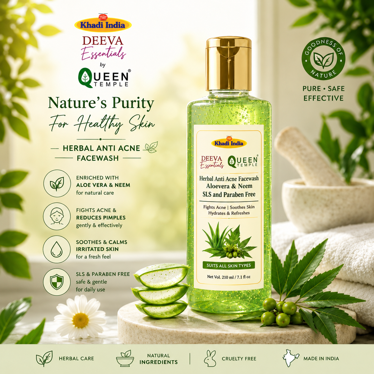 Khadi India Herbal Anti-Acne Face Wash with Aloe Vera & Neem By Queen Temple 210 ML