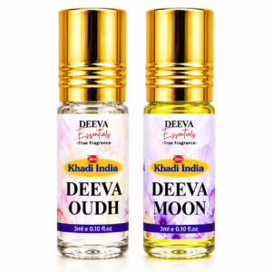 Khadi India Deeva Essentials Combo Roll On Attar Perfume By Queen Temple | Deeva Oudh & Deeva Moon Fragrance Pocket Perfume Gift Set (3ml Each)