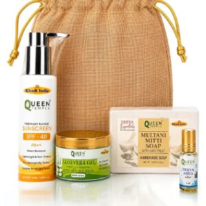 Queen Temple Premium Natural Skincare Gift Hamper | Sunscreen SPF 40 PA++, Aloe Vera Gel, Multani Mitti Mix Fruit Handmade Soap & Deeva Aqua Attar 6ml | Luxury Self Care Gift Set