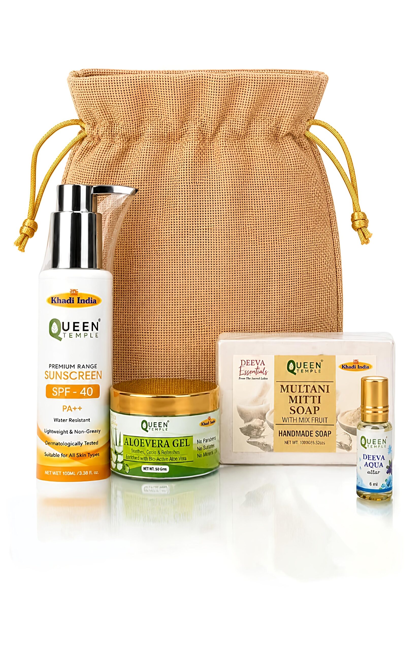 Queen Temple Premium Natural Skincare Gift Hamper | Sunscreen SPF 40 PA++, Aloe Vera Gel, Multani Mitti Mix Fruit Handmade Soap & Deeva Aqua Attar 6ml | Luxury Self Care Gift Set