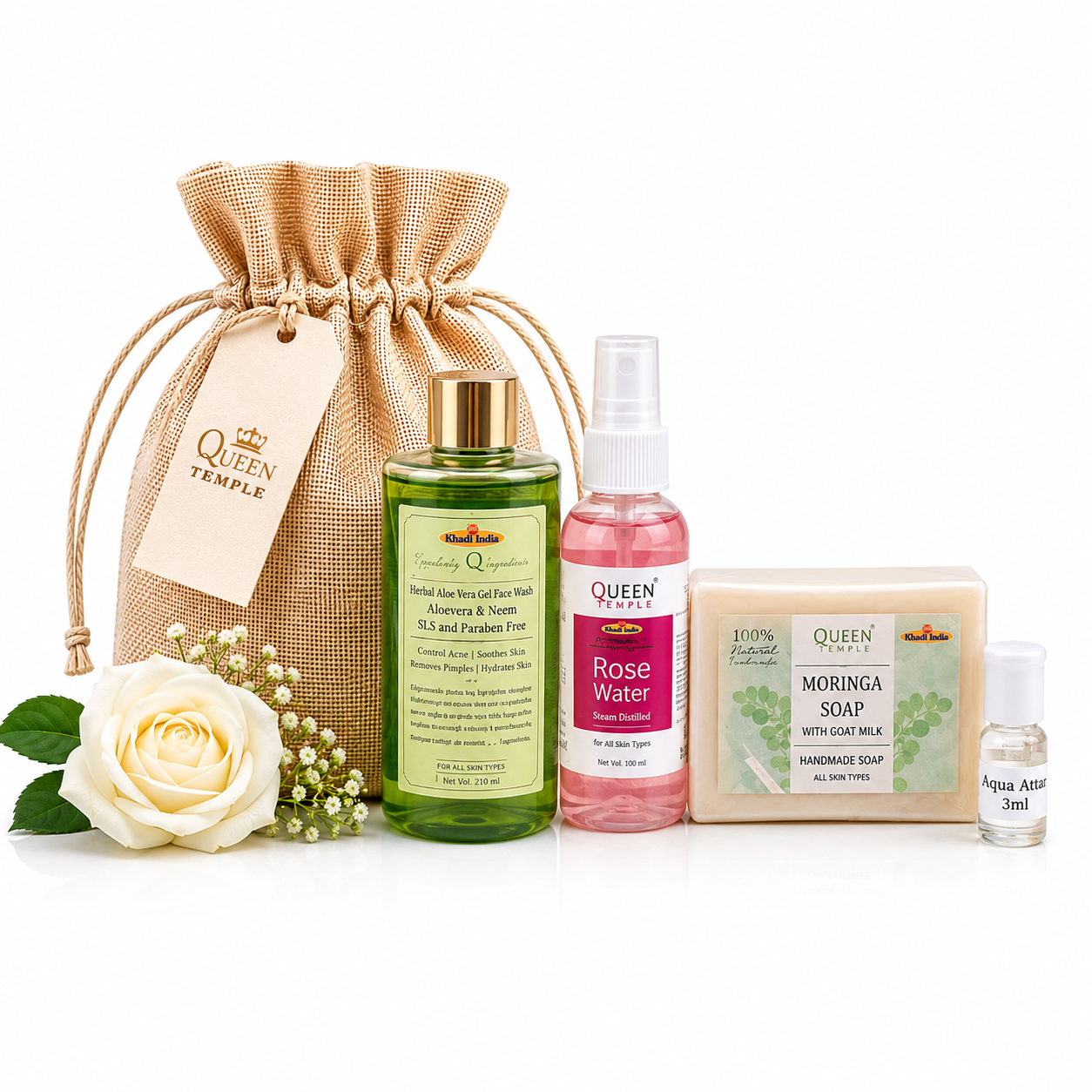 Queen Temple Natural Skincare Gift Hamper for Women | Herbal Aloe Vera Neem Face Wash, Rose Water, Moringa Soap with Goat Milk & Aqua Attar with Premium Jute Potli Bag