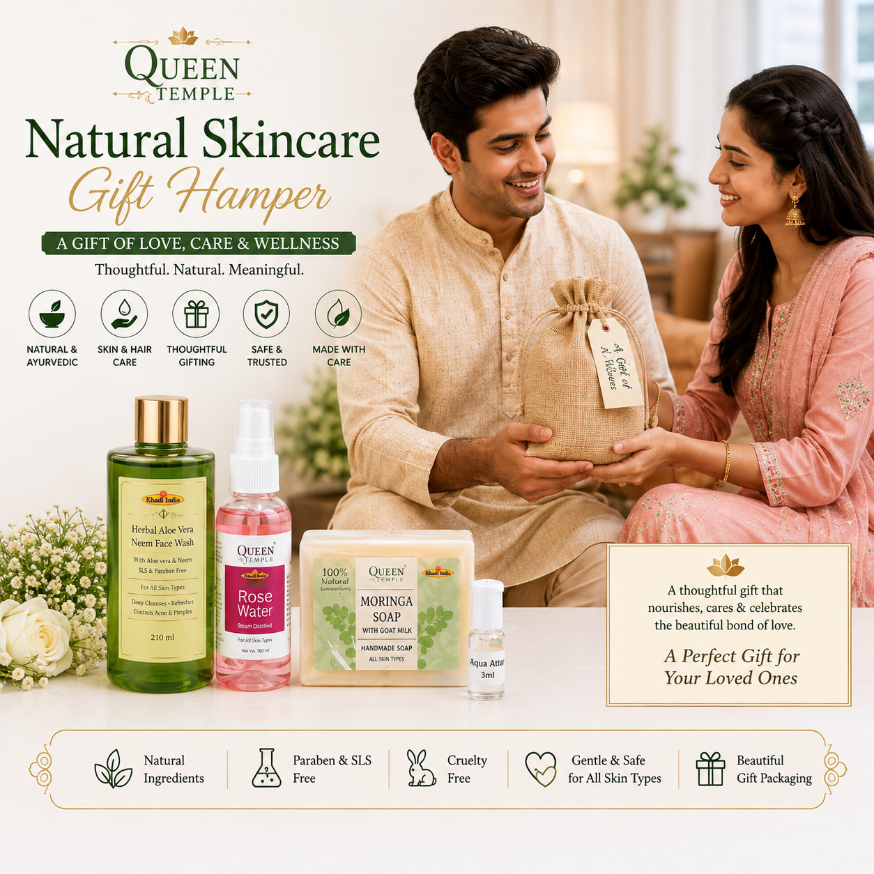 Queen Temple Natural Skincare Gift Hamper for Women | Herbal Aloe Vera Neem Face Wash, Rose Water, Moringa Soap with Goat Milk & Aqua Attar with Premium Jute Potli Bag - Image 2