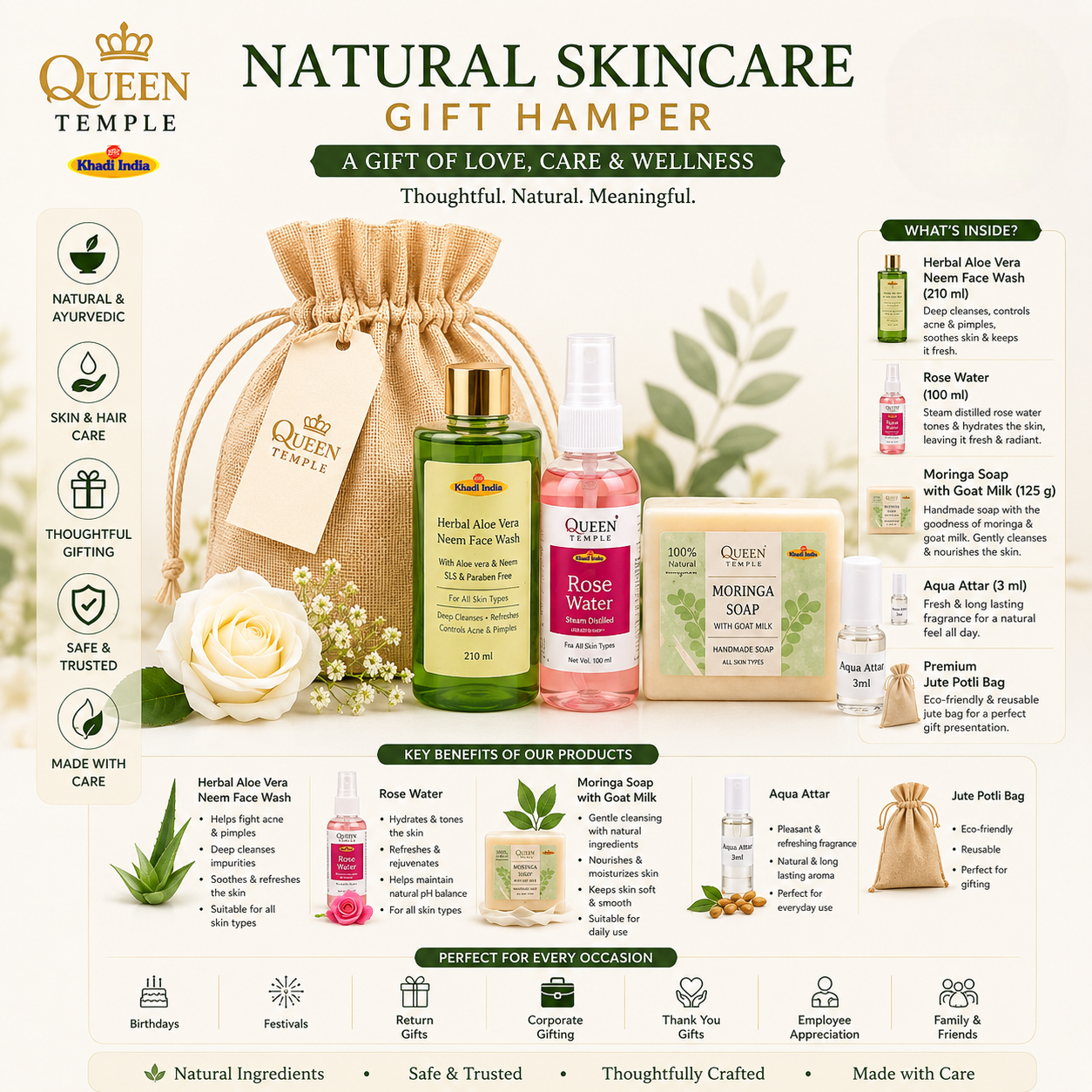 Queen Temple Natural Skincare Gift Hamper for Women | Herbal Aloe Vera Neem Face Wash, Rose Water, Moringa Soap with Goat Milk & Aqua Attar with Premium Jute Potli Bag - Image 3