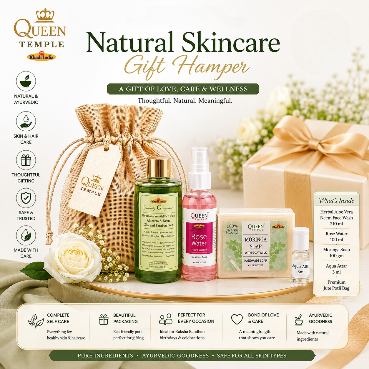 Queen Temple Natural Skincare Gift Hamper for Women | Herbal Aloe Vera Neem Face Wash, Rose Water, Moringa Soap with Goat Milk & Aqua Attar with Premium Jute Potli Bag - Image 4