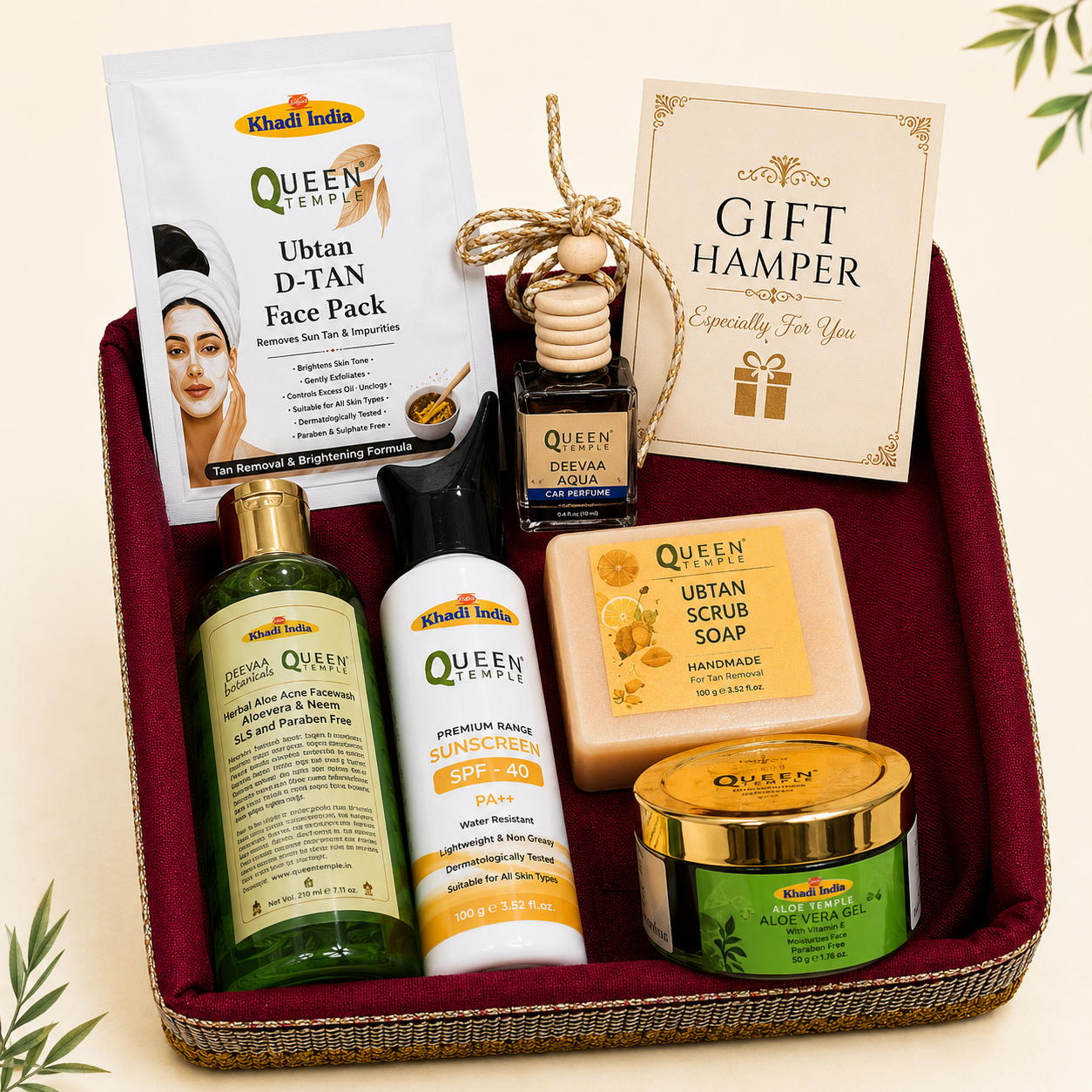 Queen Temple Premium Natural Skincare Gift Hamper | Sunscreen SPF 40 PA++, Aloe Vera Gel, Multani Mitti Mix Fruit Handmade Soap & Deeva Aqua Attar 6ml | Luxury Self Care Gift Set