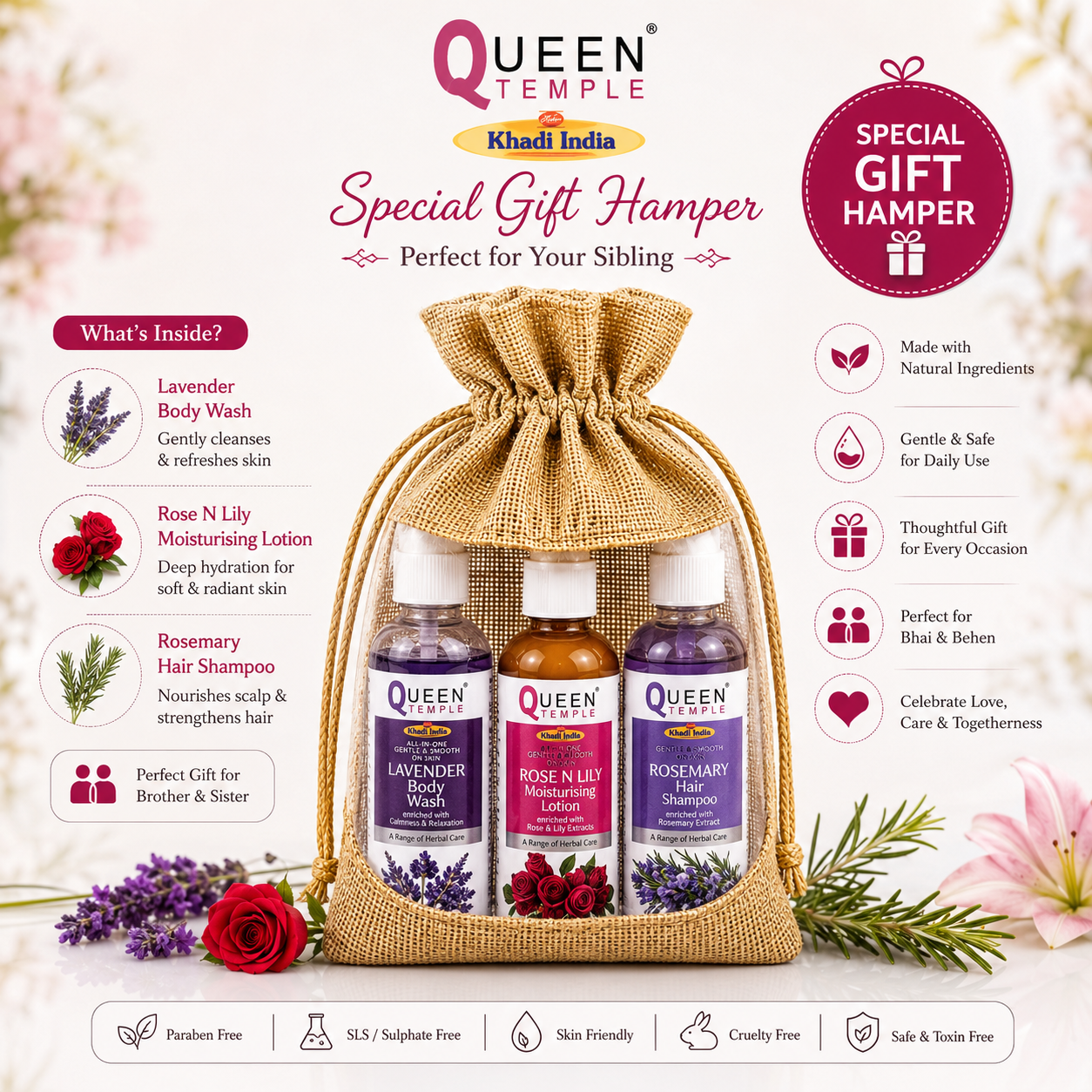 Queen Temple Natural Skincare Gift Hamper | Lavender Walnut Scrub Wash, Rose Water Facial Toner, Ubtan D-Tan Face Pack & Haldi Chandan Handmade Soap | Premium Self Care Gift Set - Image 2