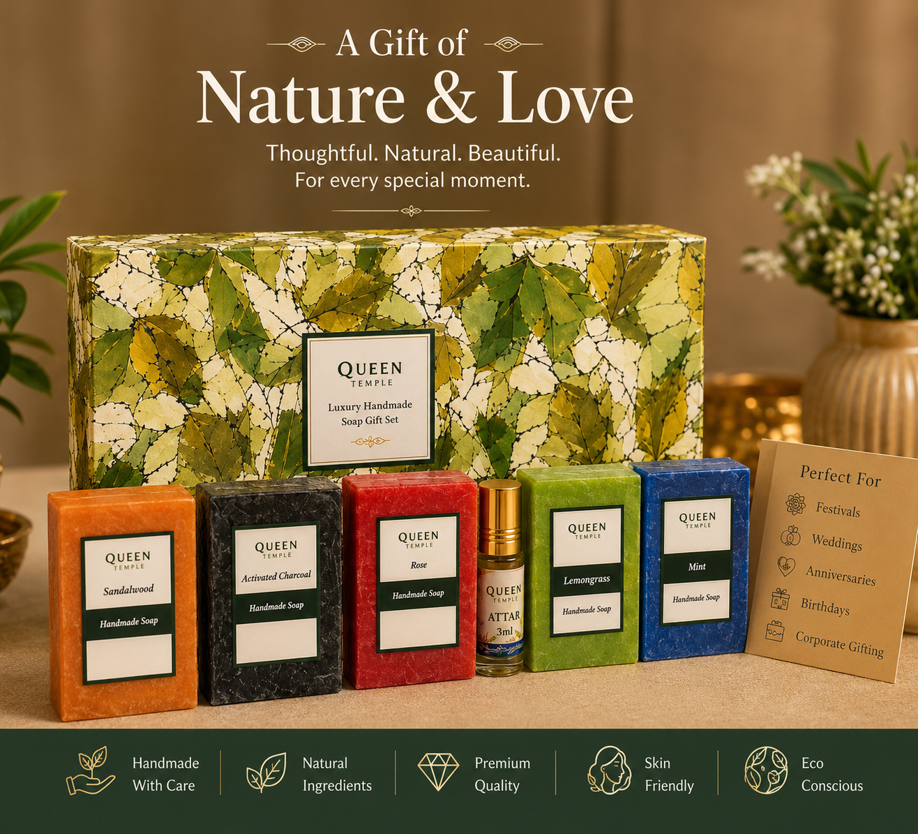 Queen Temple Luxury Handmade Soap Gift Set with 5 Natural Soaps & Attar 3ml | Sandalwood, Activated Charcoal, Rose, Lemongrass & Mint Soaps | Premium Natural Skincare Gift Hamper - Image 2