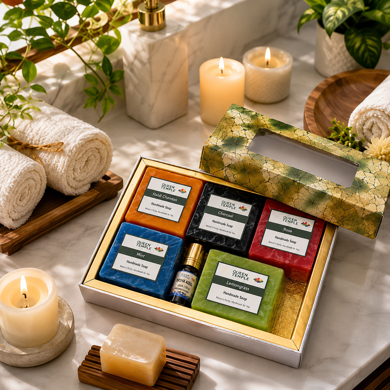 Queen Temple Luxury Handmade Soap Gift Set with 5 Natural Soaps & Attar 3ml | Sandalwood, Activated Charcoal, Rose, Lemongrass & Mint Soaps | Premium Natural Skincare Gift Hamper - Image 3