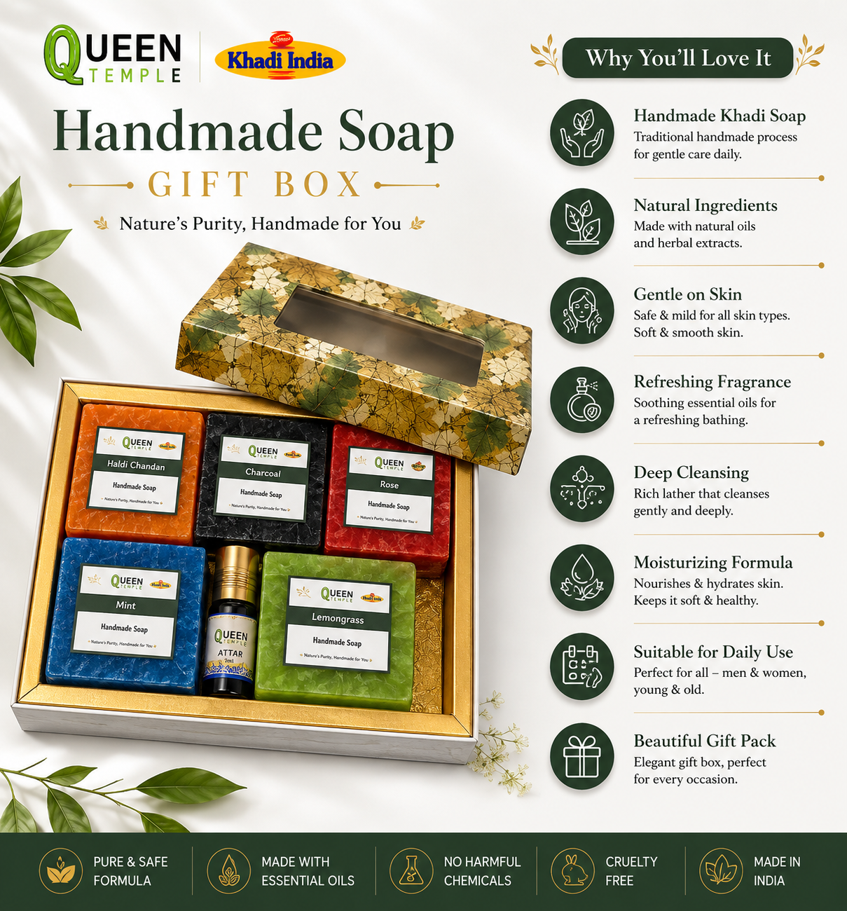 Queen Temple Luxury Handmade Soap Gift Set with 5 Natural Soaps & Attar 3ml | Sandalwood, Activated Charcoal, Rose, Lemongrass & Mint Soaps | Premium Natural Skincare Gift Hamper - Image 4