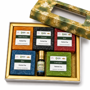 Queen Temple Luxury Handmade Soap Gift Set with 5 Natural Soaps & Attar 3ml | Sandalwood, Activated Charcoal, Rose, Lemongrass & Mint Soaps | Premium Natural Skincare Gift Hamper