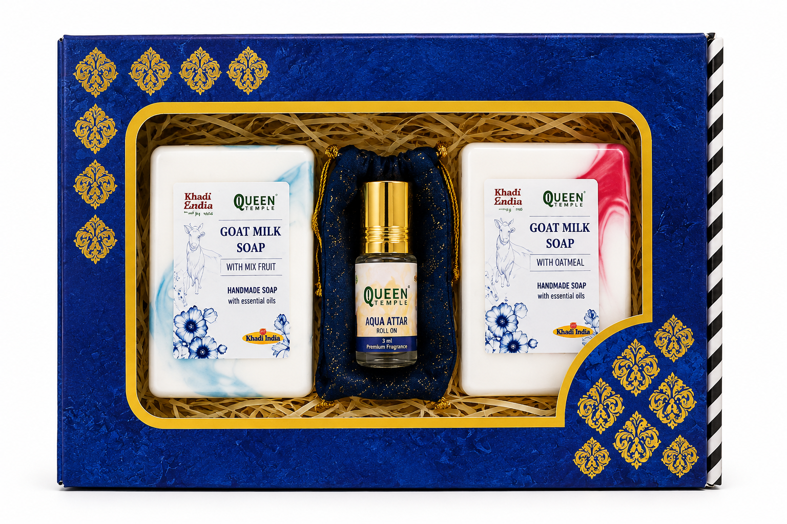Queen Temple Royal Goat Milk Soap Gift Set with Aqua Attar Roll-On 3ml | Handmade Goat Milk Soap with Mix Fruit & Oatmeal | Premium Natural Bath & Fragrance Gift Set