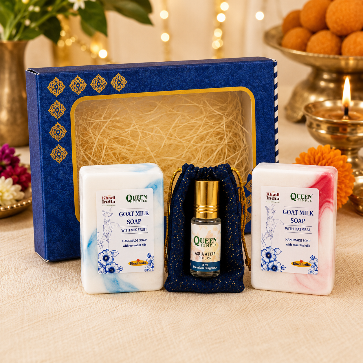 Queen Temple Royal Goat Milk Soap Gift Set with Aqua Attar Roll-On 3ml | Handmade Goat Milk Soap with Mix Fruit & Oatmeal | Premium Natural Bath & Fragrance Gift Set - Image 2