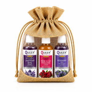 Queen Temple Premium Natural Care Gift Hamper | Lavender Body Wash, Rose N Lily Moisturising Lotion & Rosemary Hair Shampoo | Skincare, Haircare & Self Care Gift Set for All Occasions