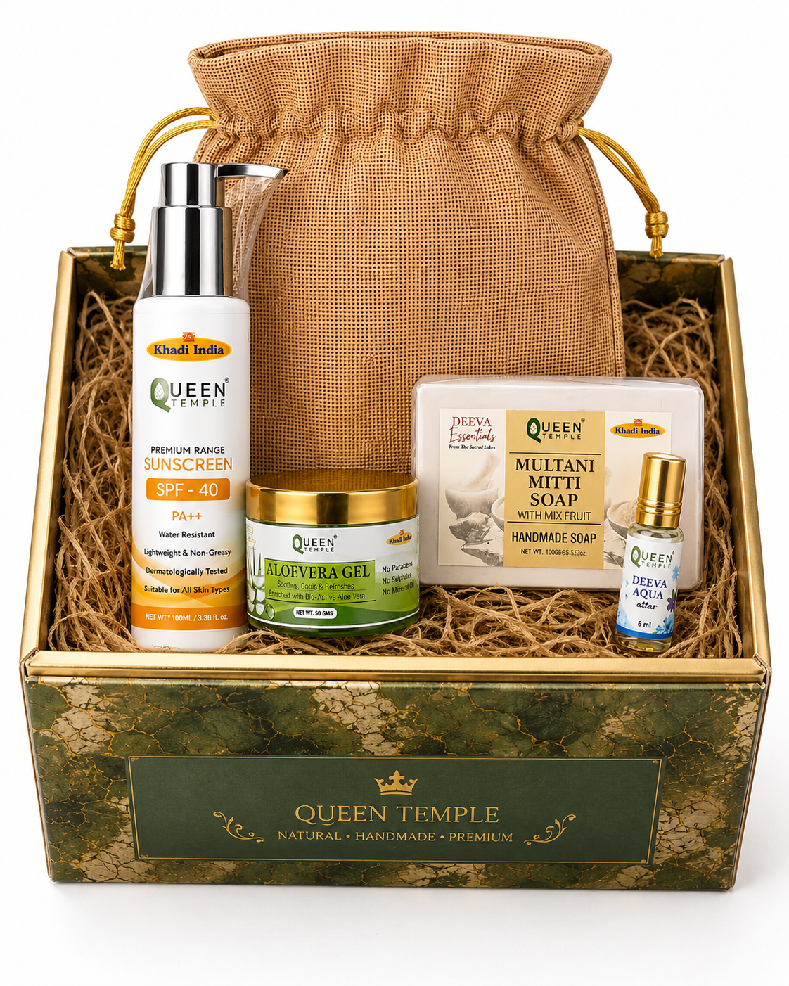 Queen Temple Premium Natural Skincare Gift Hamper | Sunscreen SPF 40 PA++, Aloe Vera Gel, Multani Mitti Mix Fruit Handmade Soap & Deeva Aqua Attar 6ml | Luxury Self Care Gift Set - Image 2
