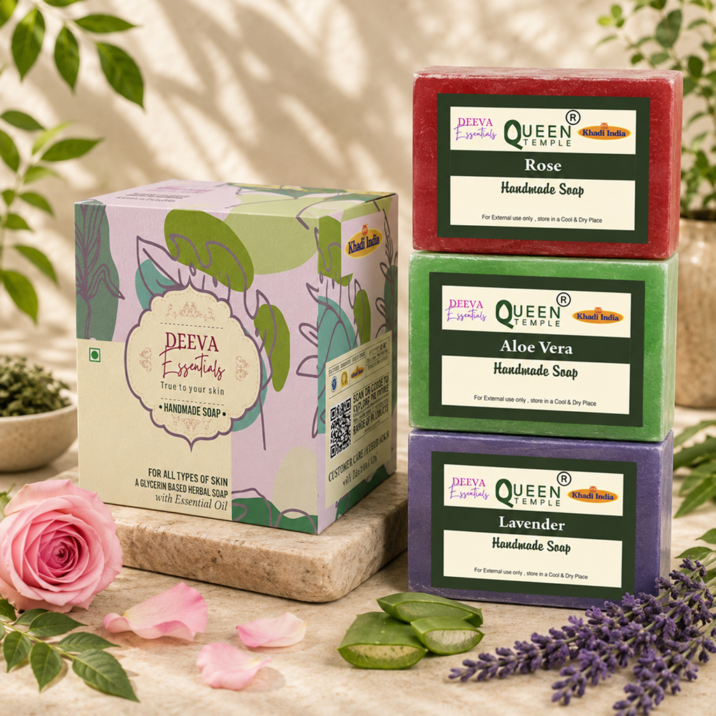 Queen Temple Handmade Soaps | Rose | Aloe Vera | Lavender | Pack of 3 | Natural Bathing Soap | Herbal soap made with Essential Oils |