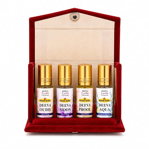 Khadi India Deeva Essentials Roll On Perfume Combo Pack of 4 By Queen Temple | Deeva Oudh, Moon, Phool & Aqua Attar for Men & Women | Long Lasting Alcohol-Free Pocket Perfume | Floral, Woody & Fresh Fragrances | 3ml Each (Pack of 4) - Image 2