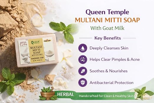Multani Mitti Soap with Goat Milk By Queen Temple | Handmade Natural Clay Soap Bar for Deep Cleansing & Acne Control | Suitable for All Skin Types | 100g Each | Pack of 2 (100g x 2) - Image 2