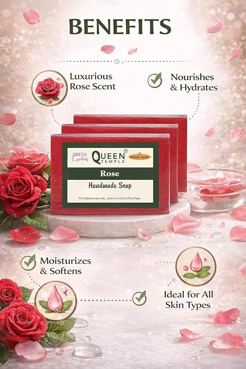 Khadi India Pack of 3 Glycerine Handmade Soap| Hyderated & Nourishes Skin|| Natural Soap with Essential Oils | Suitable for All Skin Types(125 gm Each) (Rose) - Image 4