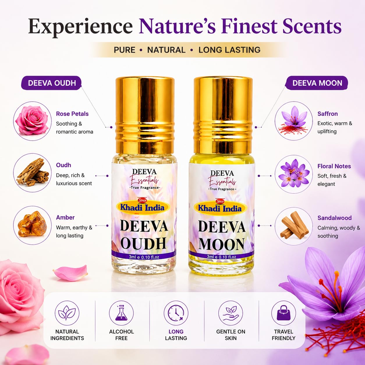 Khadi India Pack of 2 Deeva Essentials Combo Roll On Attar Perfume for Men & Women By Queen Temple | Deeva Oudh & Deeva Moon Fragrance | Long Lasting Alcohol-Free Attar | Pocket Perfume Gift Set (3ml Each) - Image 3