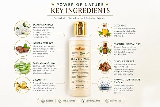 Khadi India Herbal Body Wash – Jasmine & Jojoba By Queen Temple | SLS & Paraben Free Shower Gel | Moisturizing Natural Body Cleanser for Soft, Glowing Skin | 210 ml - Image 6