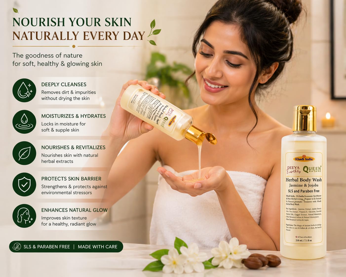 Khadi India Herbal Body Wash – Jasmine & Jojoba By Queen Temple | SLS & Paraben Free Shower Gel | Moisturizing Natural Body Cleanser for Soft, Glowing Skin | 210 ml - Image 3