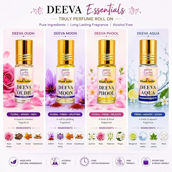 Khadi India Deeva Essentials Roll On Perfume Combo Pack of 4 By Queen Temple | Deeva Oudh, Moon, Phool & Aqua Attar for Men & Women | Long Lasting Alcohol-Free Pocket Perfume | Floral, Woody & Fresh Fragrances | 3ml Each (Pack of 4) - Image 4