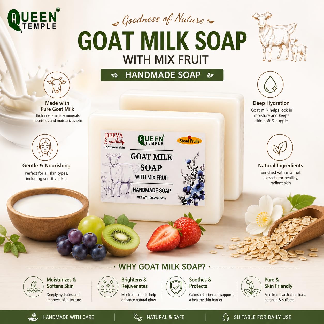 Goat Milk Handmade Soap Bar | Pack of 2 (100g Each) |Chemical Free, Paraben Free | All Skin Types - Image 4