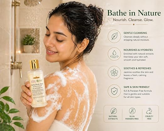 Khadi India Herbal Body Wash – Jasmine & Jojoba By Queen Temple | SLS & Paraben Free Shower Gel | Moisturizing Natural Body Cleanser for Soft, Glowing Skin | 210 ml - Image 2