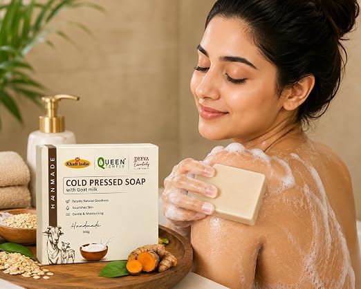 Khadi India Queen Temple Cold Pressed Soap with Goat Milk | Handmade Moisturizing Bath Soap for Face & Body | Gentle Cleansing & Nourishing Soap for Soft Smooth Skin | Suitable for Men & Women | 100g Each (Pack of 2) - Image 5