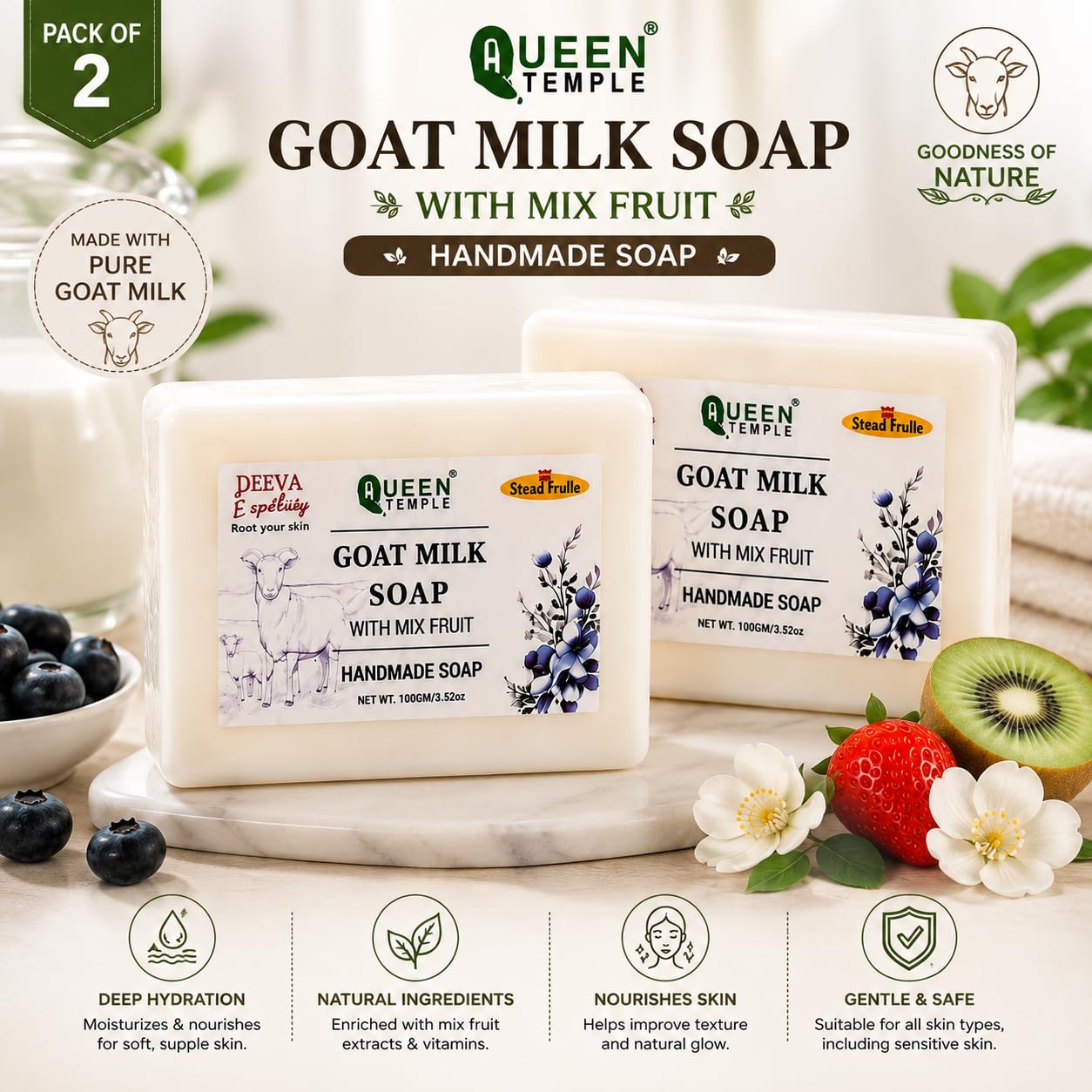 Goat Milk Handmade Soap Bar | Pack of 2 (100g Each) |Chemical Free, Paraben Free | All Skin Types - Image 2