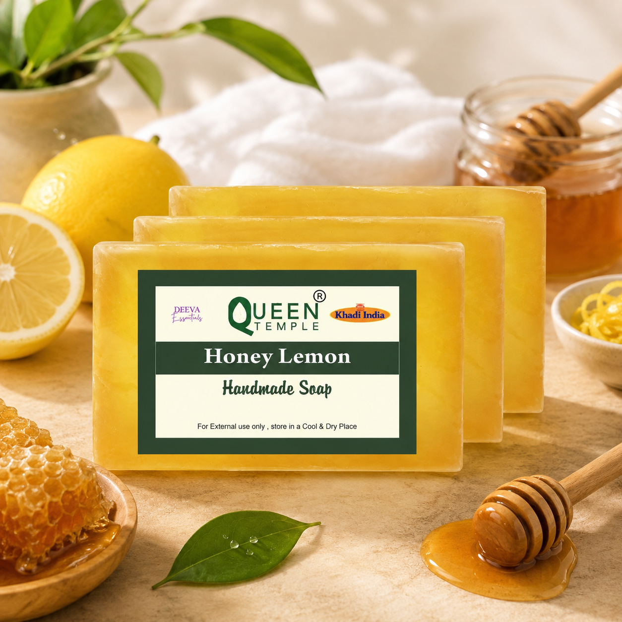 Khadi India Pack of 3 Glycerine Handmade Soap| Hyderated & Nourishes Skin|| Natural Soap with Essential Oils | Suitable for All Skin Types(125 gm Each) (Honey Lemon)