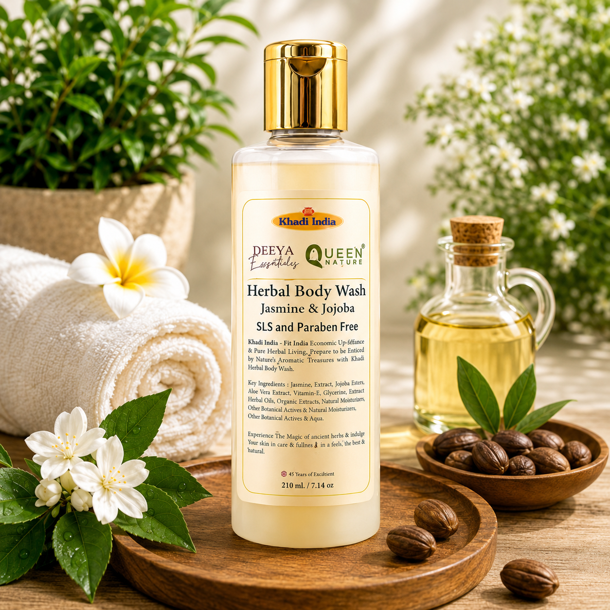 Khadi India Herbal Body Wash – Jasmine & Jojoba By Queen Temple | SLS & Paraben Free Shower Gel | Moisturizing Natural Body Cleanser for Soft, Glowing Skin | 210 ml