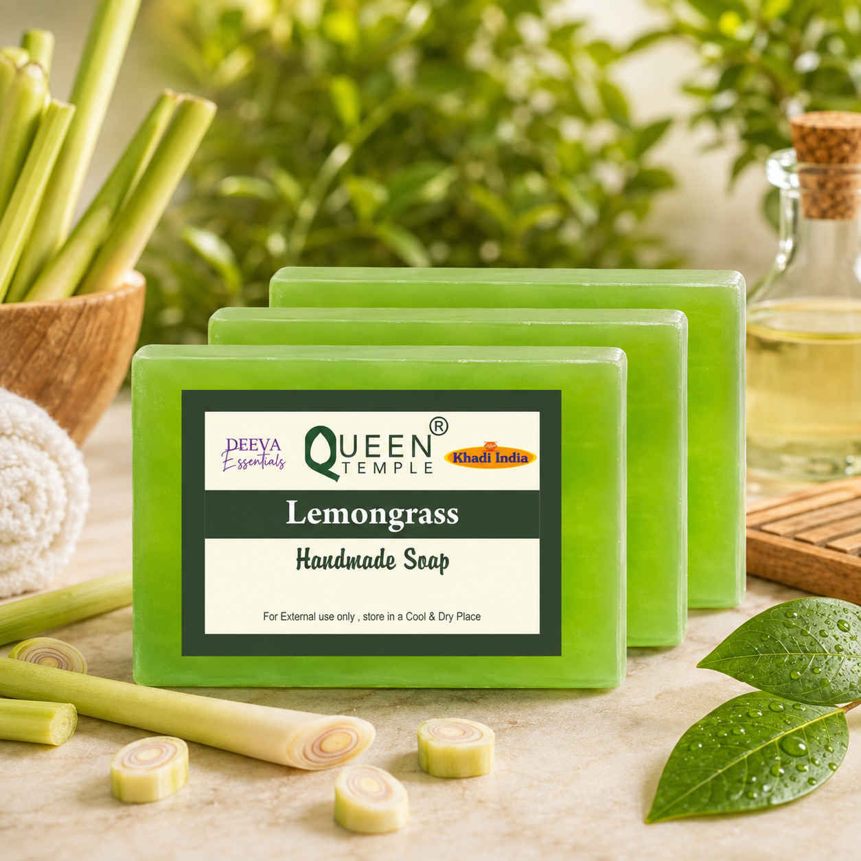 Khadi India Pack of 3 Glycerine Handmade Soap| Hyderated & Nourishes Skin|| Natural Soap with Essential Oils | Suitable for All Skin Types(125 gm Each) (Lemongrass -)