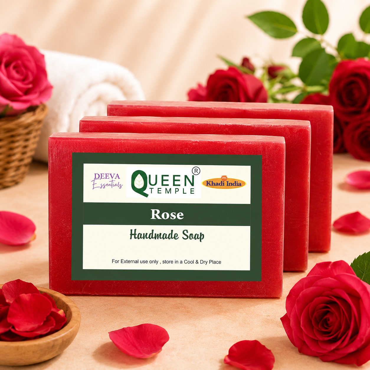Khadi India Pack of 3 Glycerine Handmade Soap| Hyderated & Nourishes Skin|| Natural Soap with Essential Oils | Suitable for All Skin Types(125 gm Each) (Rose)