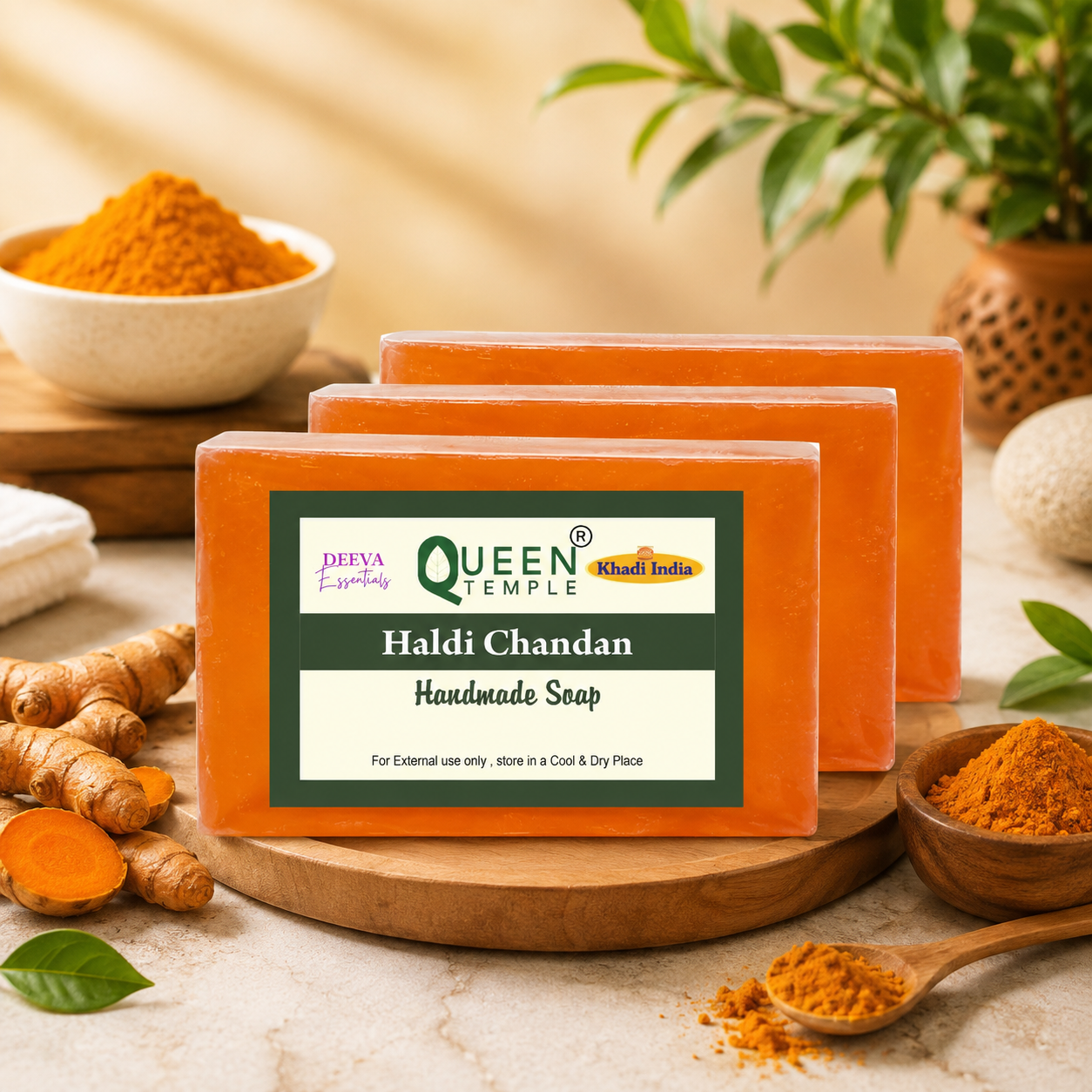 Khadi India Pack of 3 Glycerine Handmade Soap| Hyderated & Nourishes Skin|| Natural Soap with Essential Oils | Suitable for All Skin Types(125 gm Each) (Haldi Chandan)