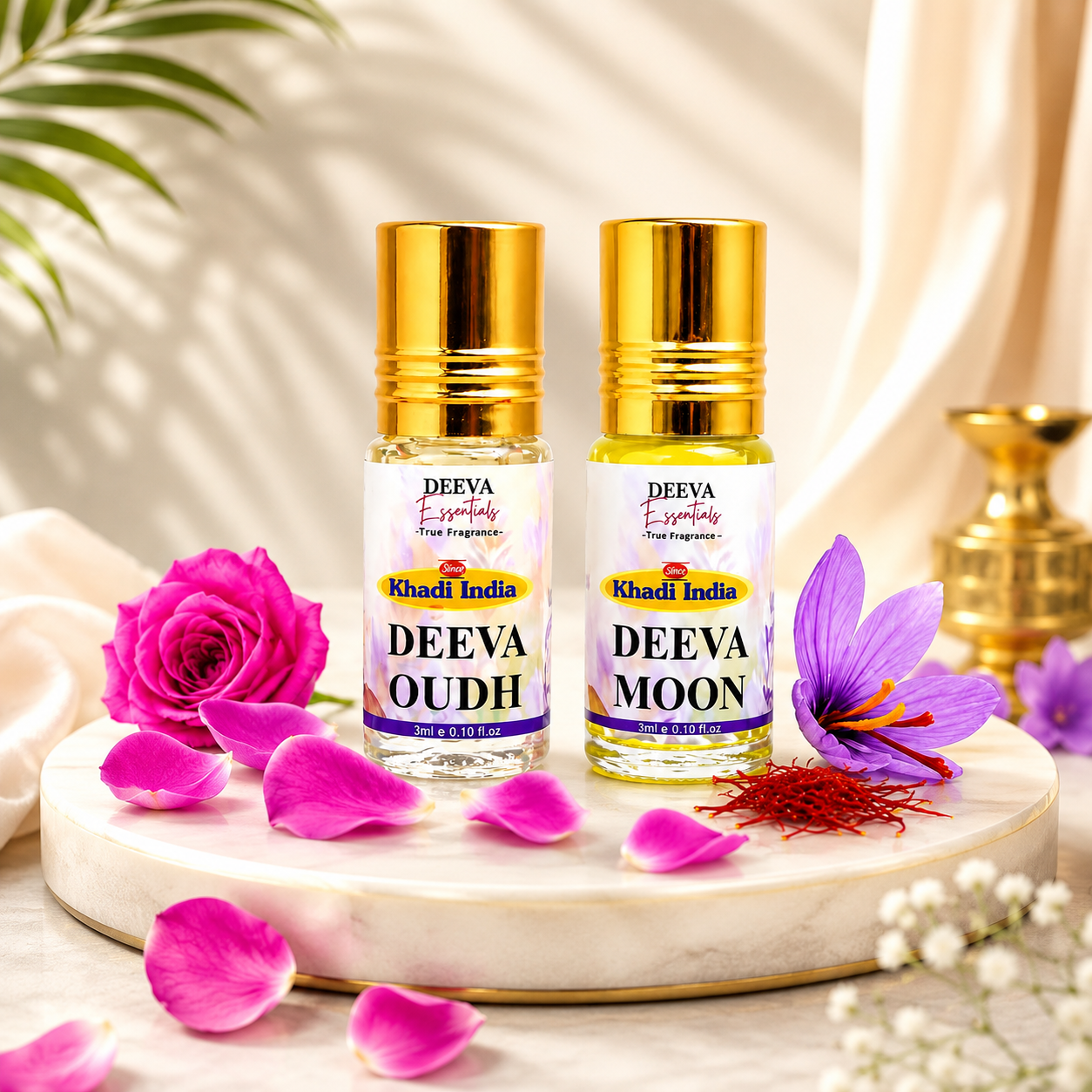 Khadi India Pack of 2 Deeva Essentials Combo Roll On Attar Perfume for Men & Women By Queen Temple | Deeva Oudh & Deeva Moon Fragrance | Long Lasting Alcohol-Free Attar | Pocket Perfume Gift Set (3ml Each)