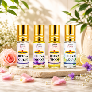 Khadi India Deeva Essentials Roll On Perfume Combo Pack of 4 By Queen Temple | Deeva Oudh, Moon, Phool & Aqua Attar for Men & Women | Long Lasting Alcohol-Free Pocket Perfume | Floral, Woody & Fresh Fragrances | 3ml Each (Pack of 4)