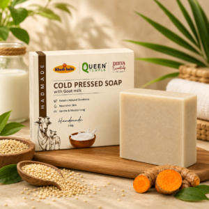 Khadi India Queen Temple Cold Pressed Soap with Goat Milk | Handmade Moisturizing Bath Soap for Face & Body | Gentle Cleansing & Nourishing Soap for Soft Smooth Skin | Suitable for Men & Women | 100g Each (Pack of 2)