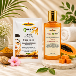 Khadi India Ubtan D-Tan Face Pack & Papaya Face Wash Combo By Queen Temple | Tan Removal, Skin Brightening Care Kit | Deep Cleansing Anti Tan Facial Combo for Men & Women|| All Skin Type