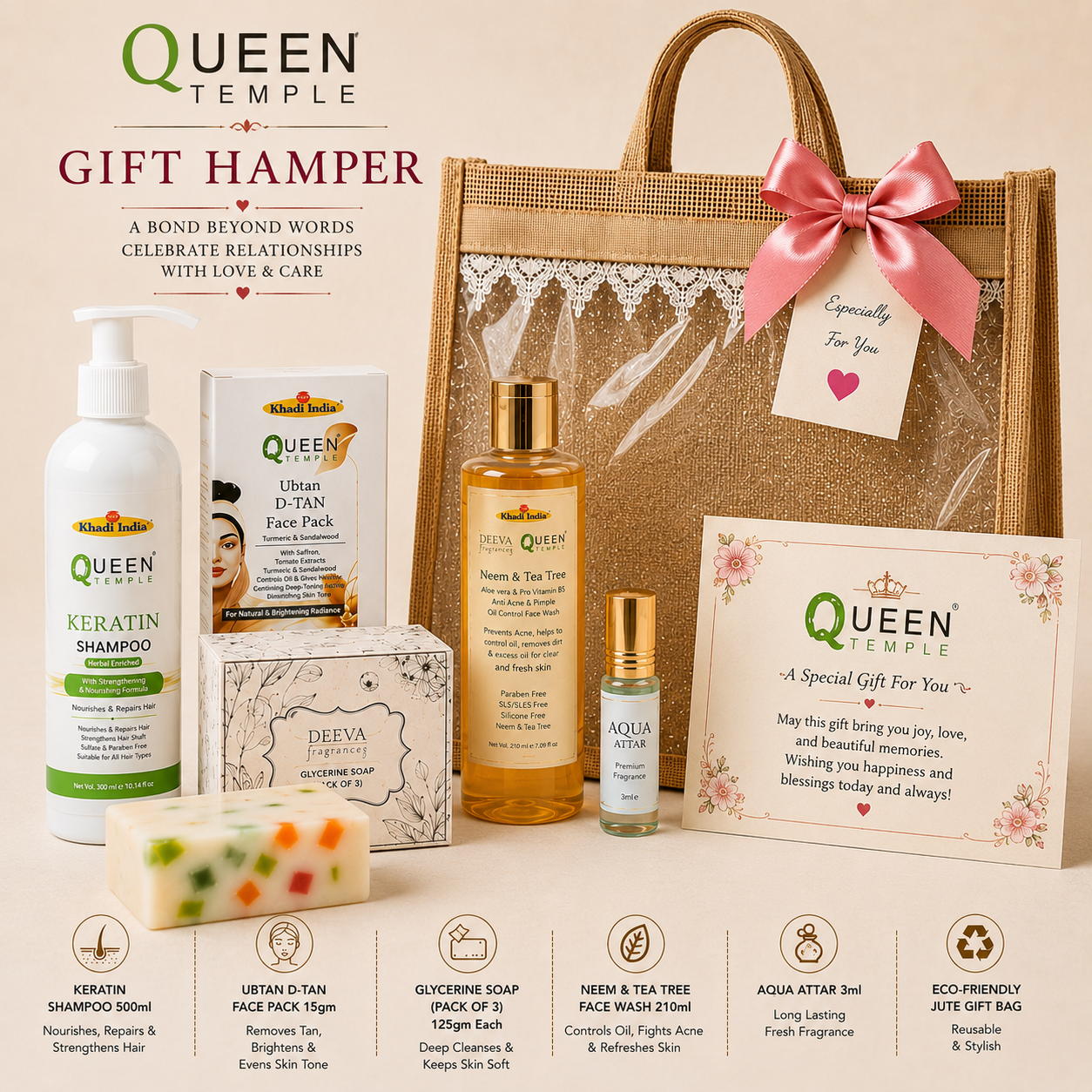 Queen Temple Premium Herbal Beauty & Self-Care Gift Hamper ā 6-Piece Gift Set with Eco-Friendly Jute Bag - Image 2
