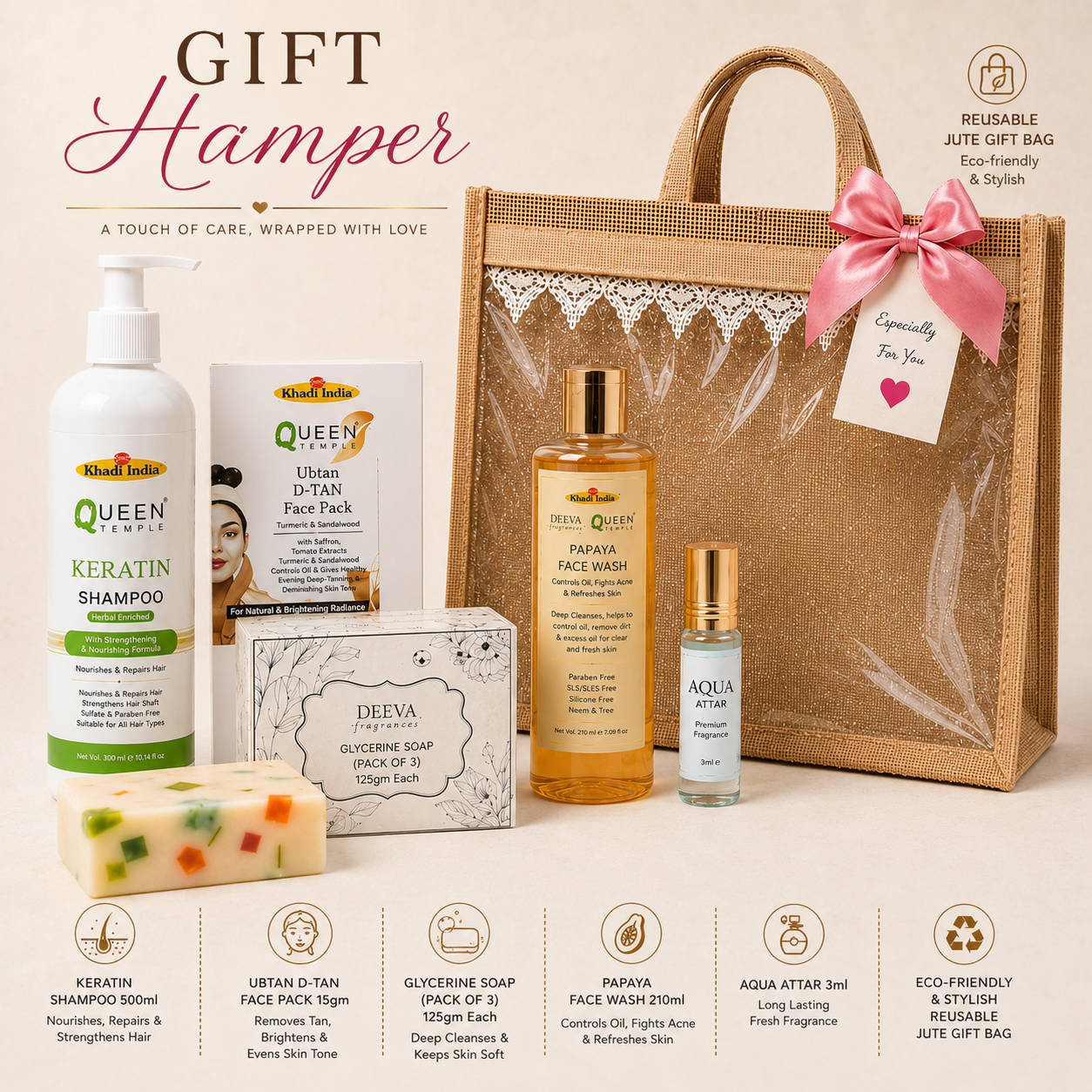 Queen Temple Premium Herbal Beauty & Self-Care Gift Hamper ā 6-Piece Gift Set with Eco-Friendly Jute Bag - Image 3