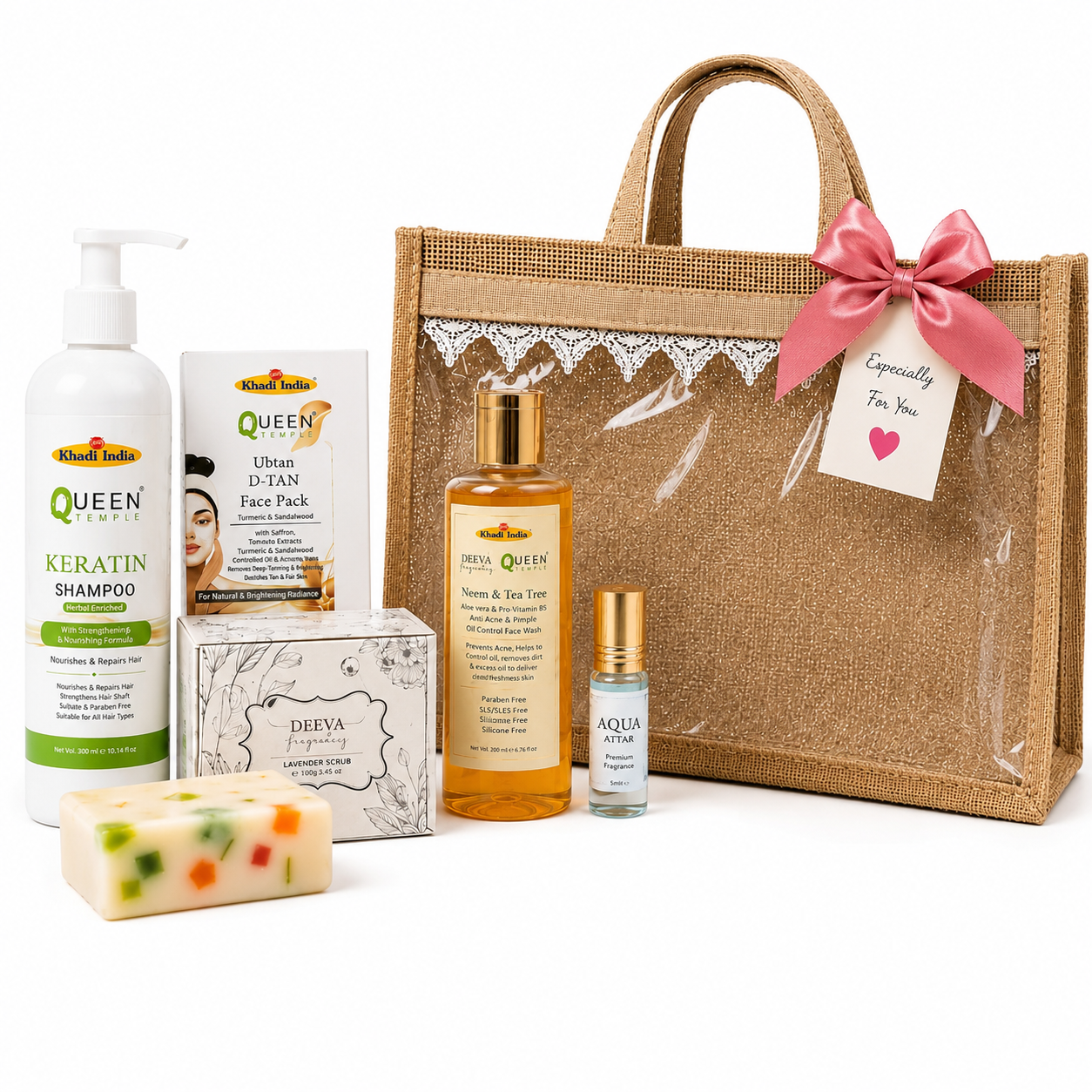 Queen Temple Premium Herbal Beauty & Self-Care Gift Hamper ā 6-Piece Gift Set with Eco-Friendly Jute Bag