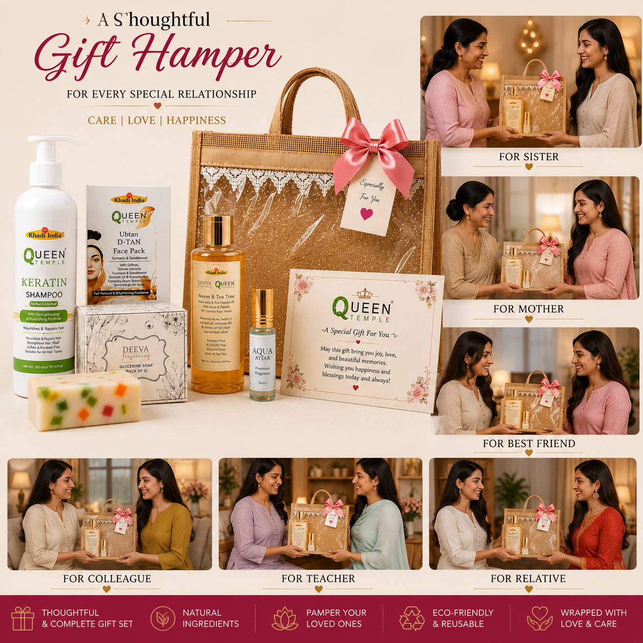Queen Temple Premium Herbal Beauty & Self-Care Gift Hamper ā 6-Piece Gift Set with Eco-Friendly Jute Bag - Image 5