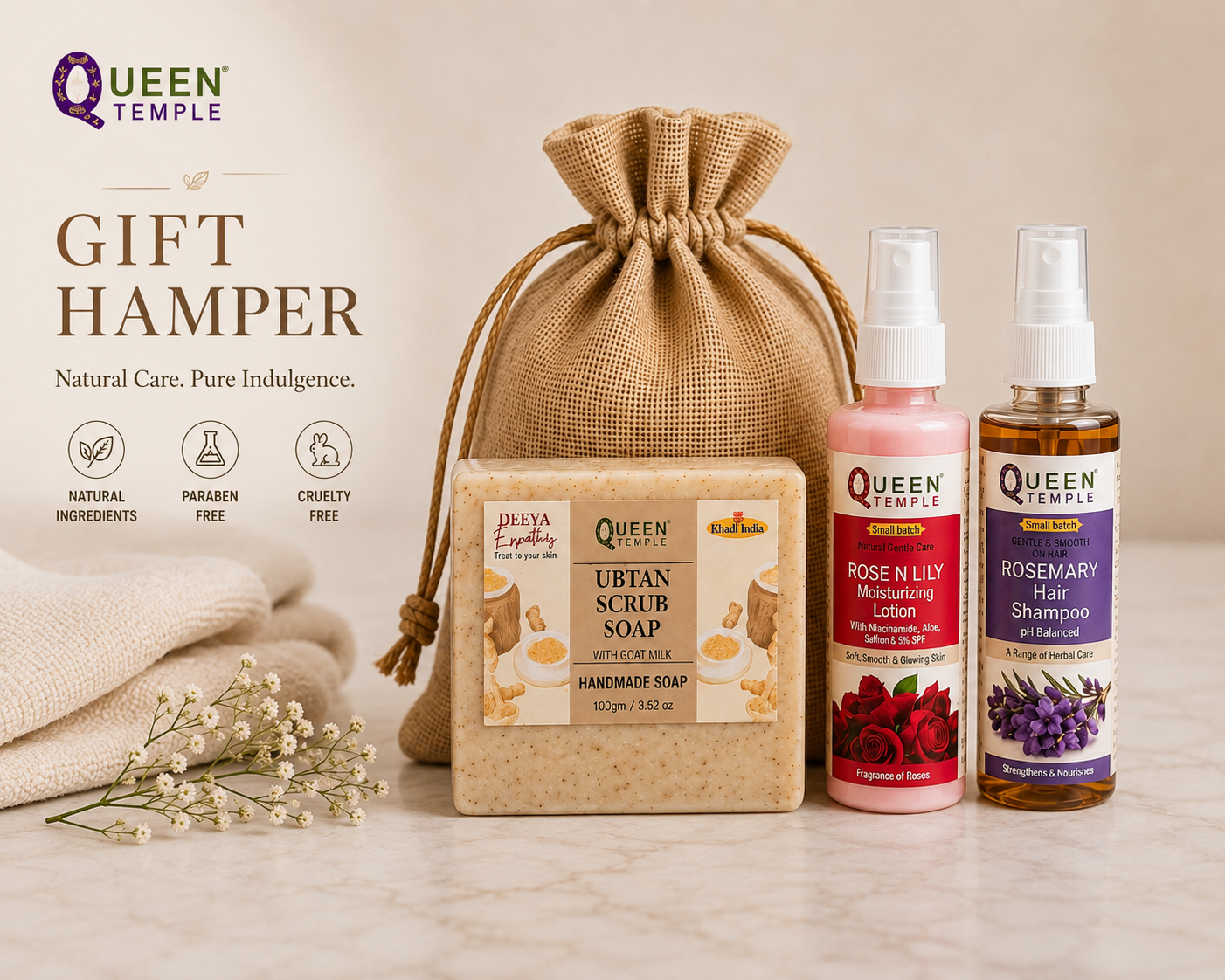 Queen Temple Natural Care Beauty Gift Set ā Ubtan, Rose & Lily Lotion & Rosemary Hair Care - Image 2
