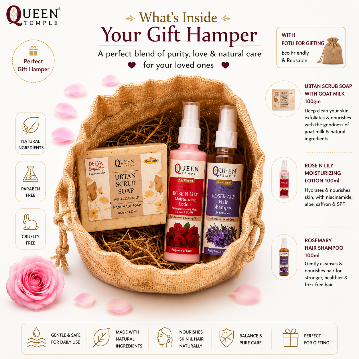Queen Temple Natural Care Beauty Gift Set ā Ubtan, Rose & Lily Lotion & Rosemary Hair Care - Image 3