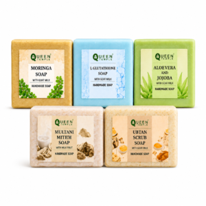 Queen Temple Handmade Soap Gift Hamper – 5 Soap Combo | Moringa, L Glutathione, Aloe Vera & Jojoba, Multani Mitti & Ubtan Scrub Soaps