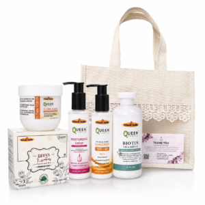 Queen Temple Khadi India Beauty & Self Care Gift Hamper | D-Tan Scrub, Handmade Soap, Moisturizing Lotion, SPF 40 Sunscreen & Biotin Shampoo with Premium Jute Gift Bag