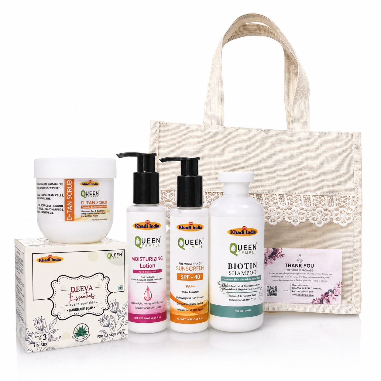 Queen Temple Khadi India Beauty & Self Care Gift Hamper | D-Tan Scrub, Handmade Soap, Moisturizing Lotion, SPF 40 Sunscreen & Biotin Shampoo with Premium Jute Gift Bag