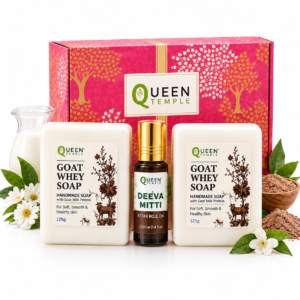 Queen Temple Goat Whey Soap & Deeva Mitti Attar Premium Gift Hamper | 2 Handmade Goat Milk Protein Soaps 125g Each with 12ml Attar Roll On | Beauty & Fragrance Gift Set
